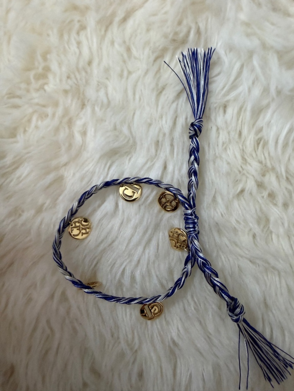 Carolina Herrera Blue and White Braided Tassel Bracelet with Gold Charms